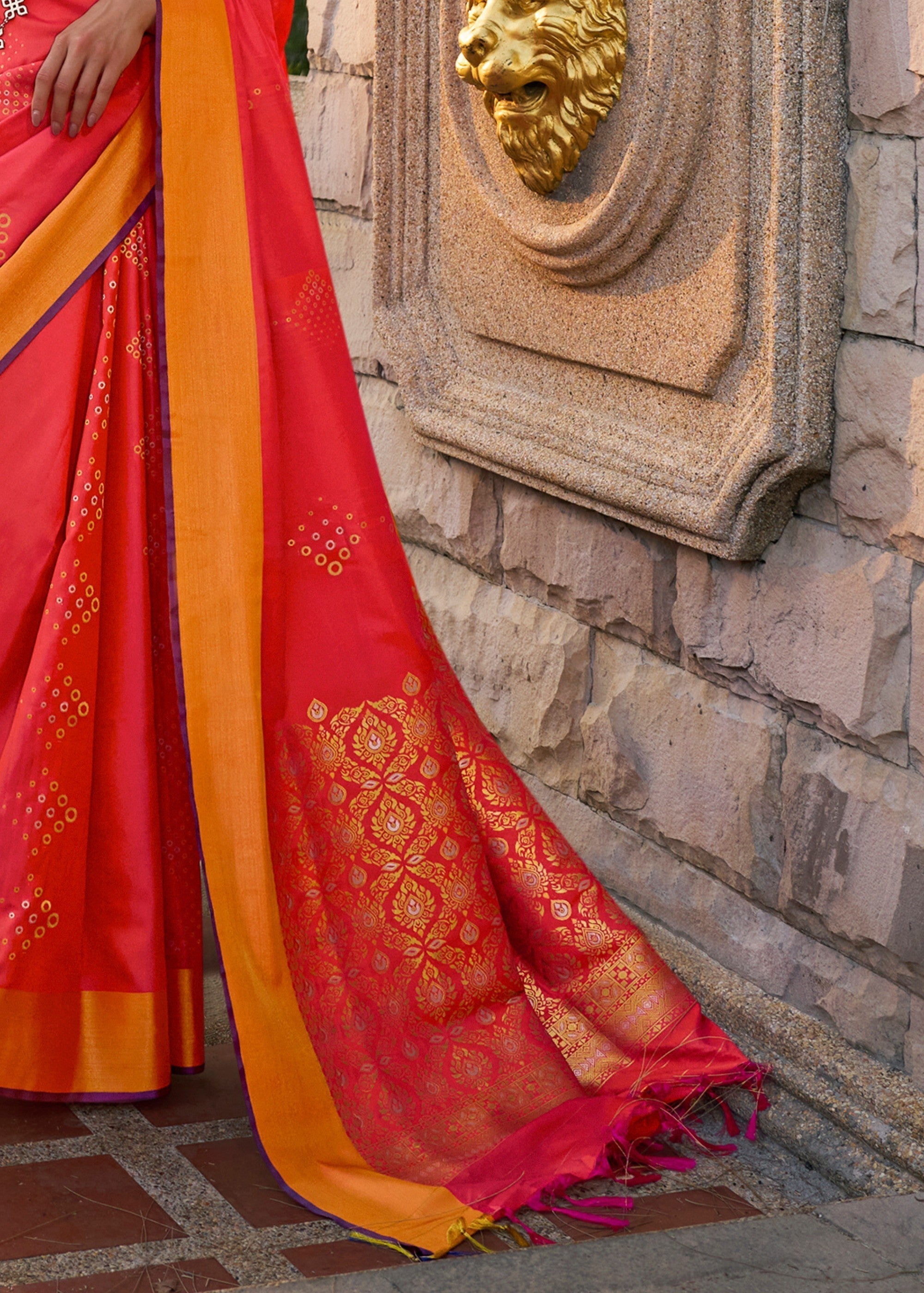 Orange Handloom Weaving Satin Silk Saree - qivii