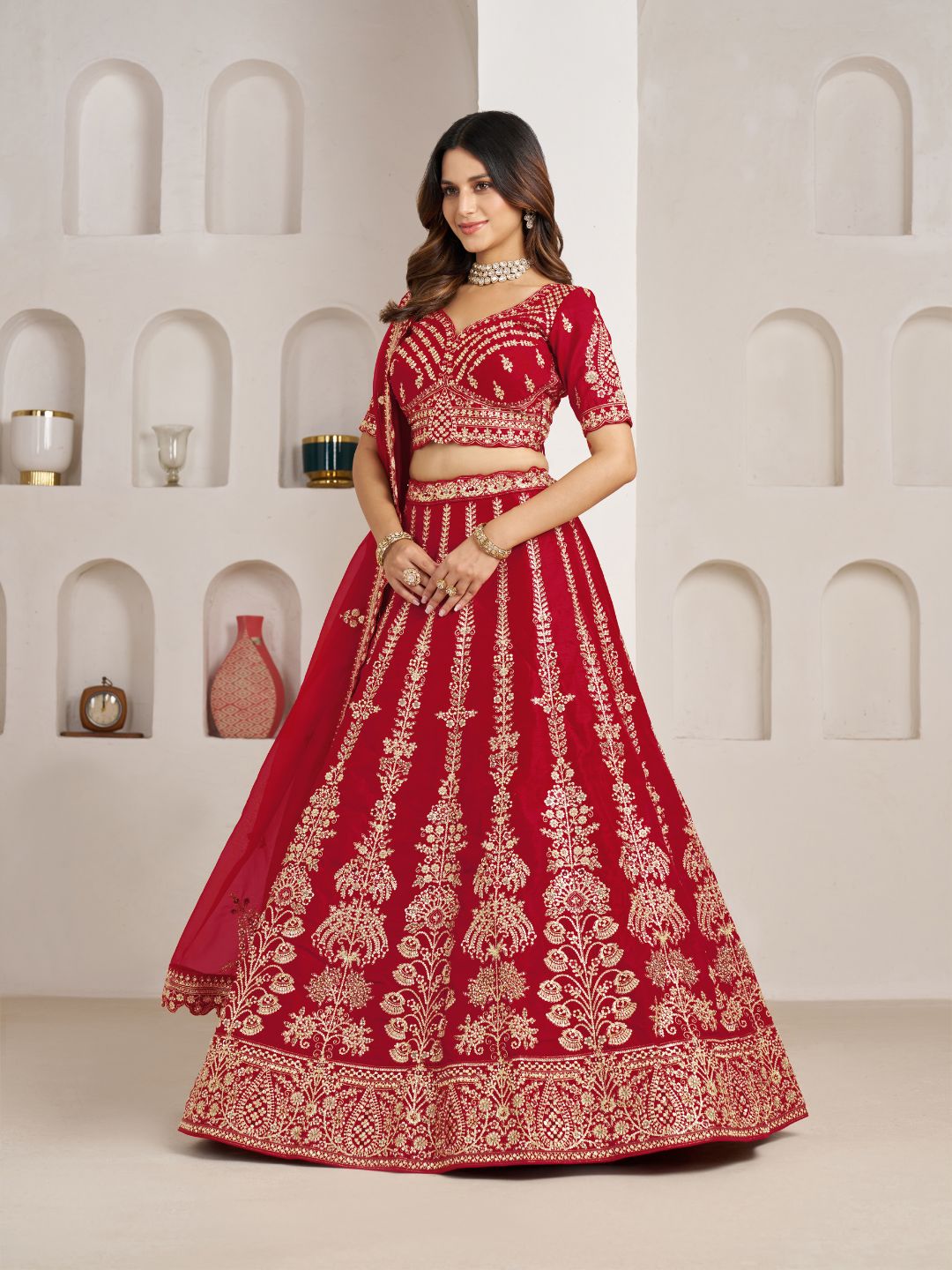 Red Wedding Lehenga Adorned with Floral Zari Embroidery
