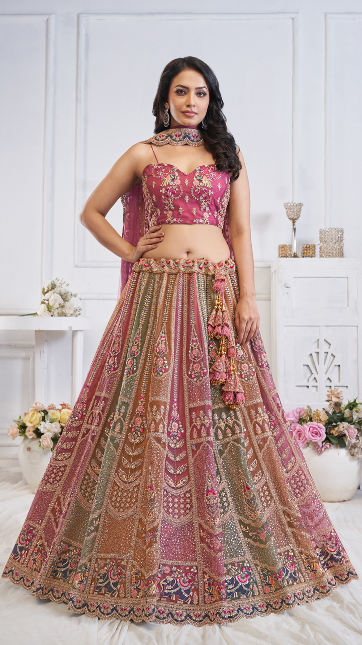 Majestic Multi-Color Zari Weaving Net Lehenga Choli With Dupatta