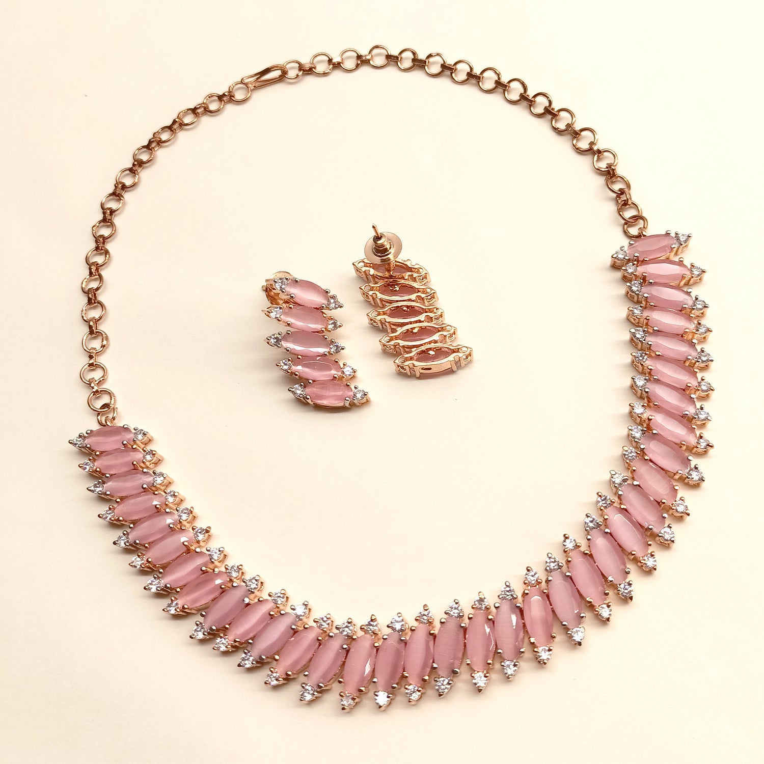Samaira Pink American Diamond Rose Gold Plated Necklace Set - qivii