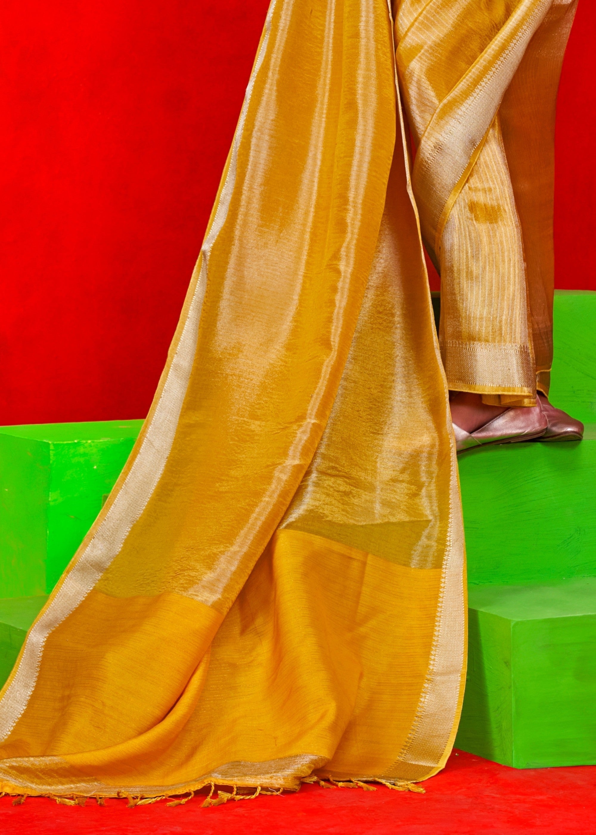 Mustard Pure Viscose Zari Tissue Saree - qivii