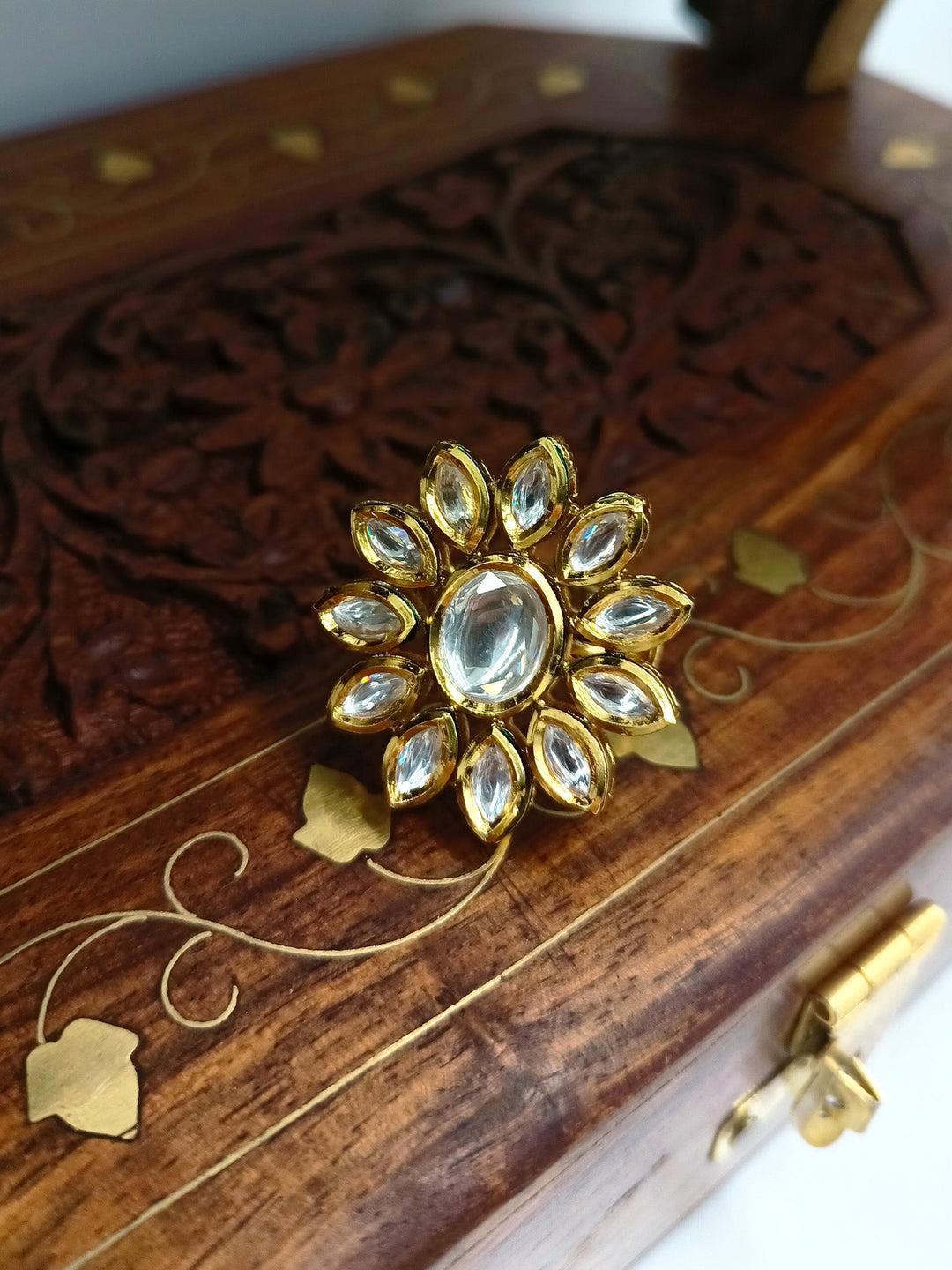  Handcrafted Sanmati White Kundan Finger Ring with Traditional Indian Design