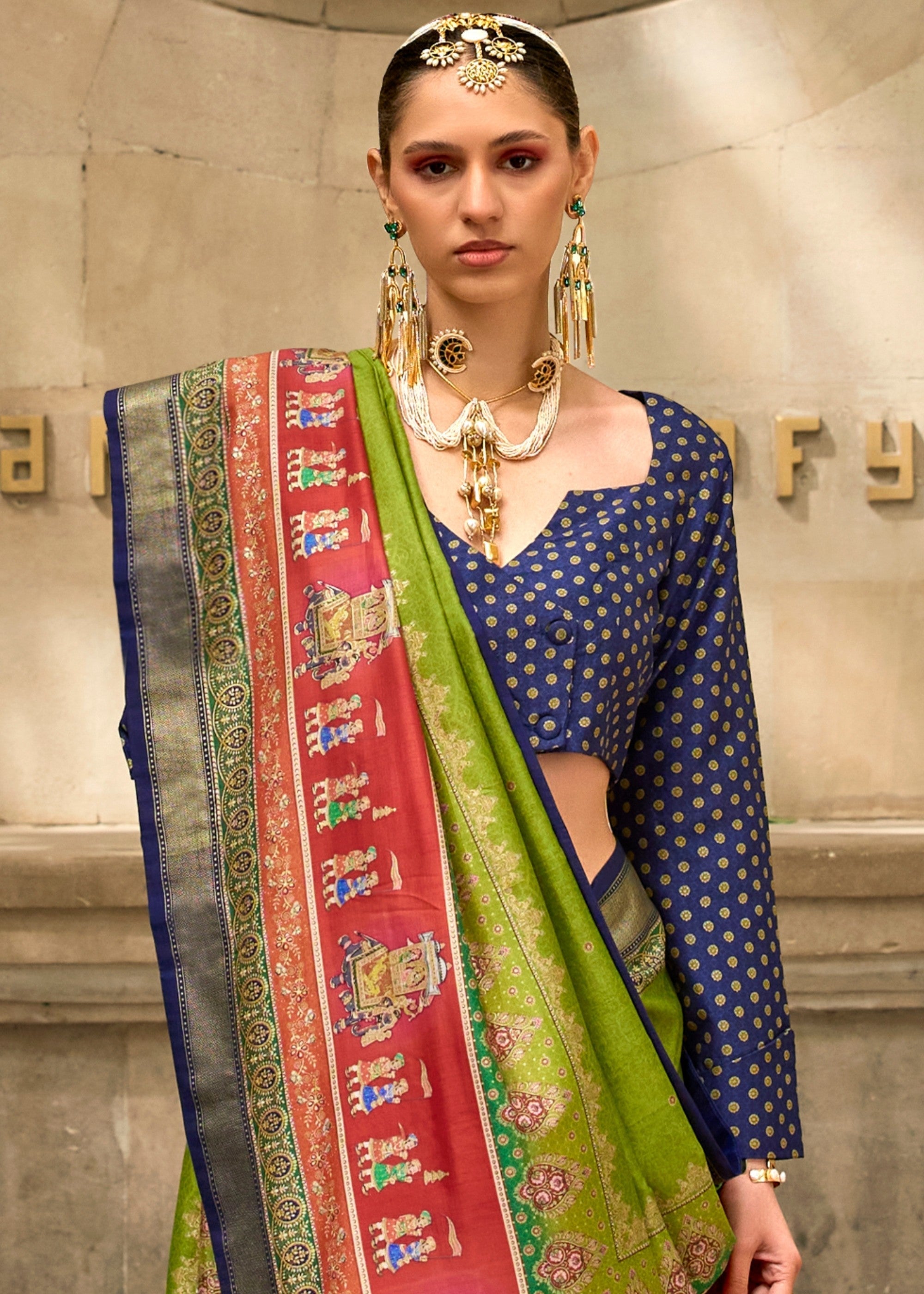 Chartreuse Green Poly Viscose Silk Saree With Foil Print - qivii