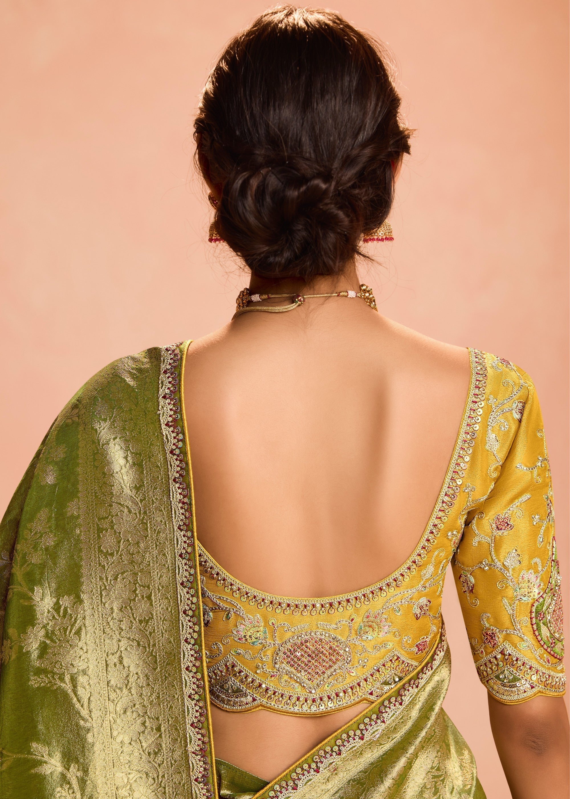 Lime Green Zari Tissue Silk Saree With Weaving Work And Heavy Embroidery Lace - qivii
