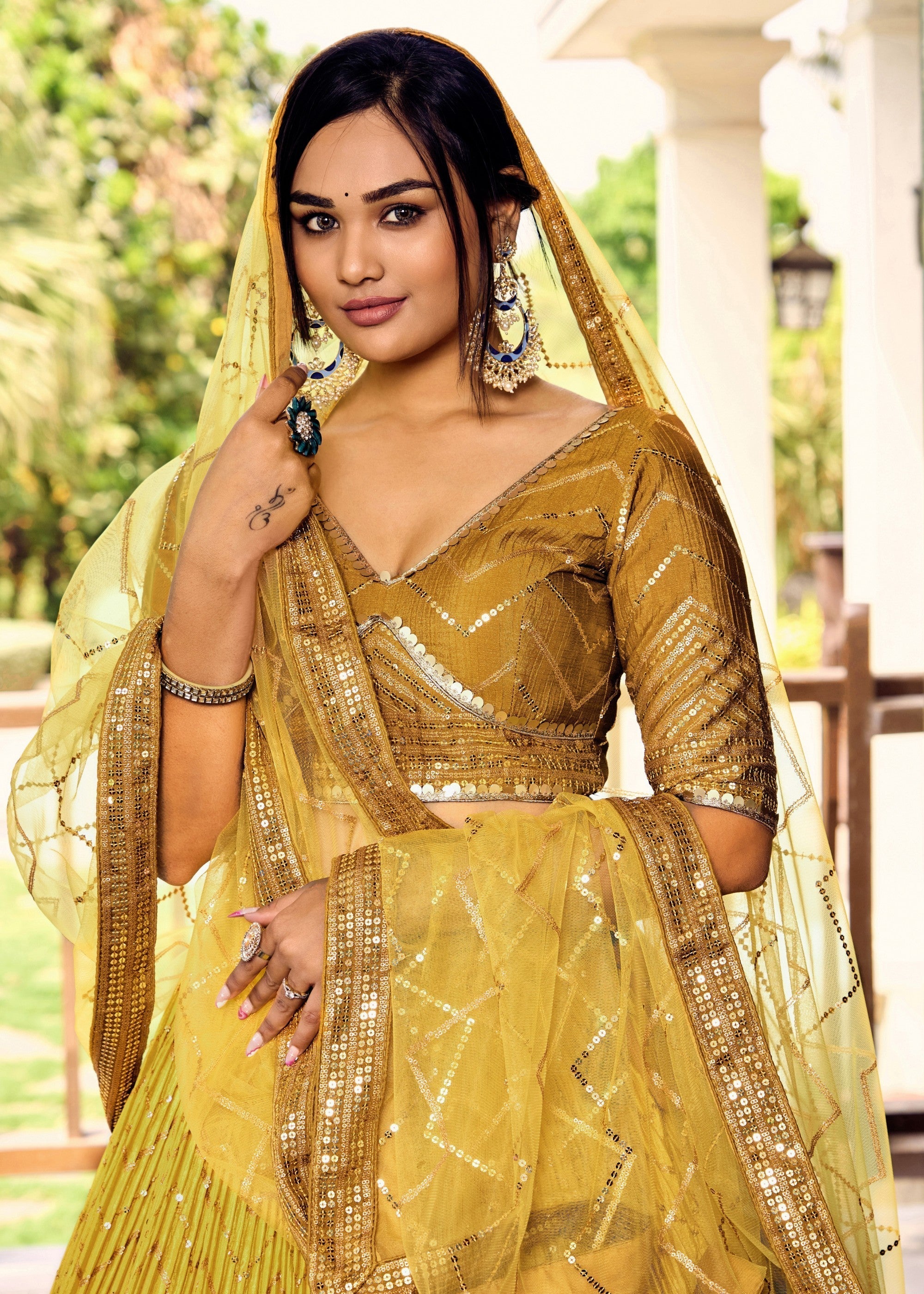 Butterscotch Yellow Chinon Silk Lehenga With Sequence and Thread Embroidery Work | Ready To Wear - qivii