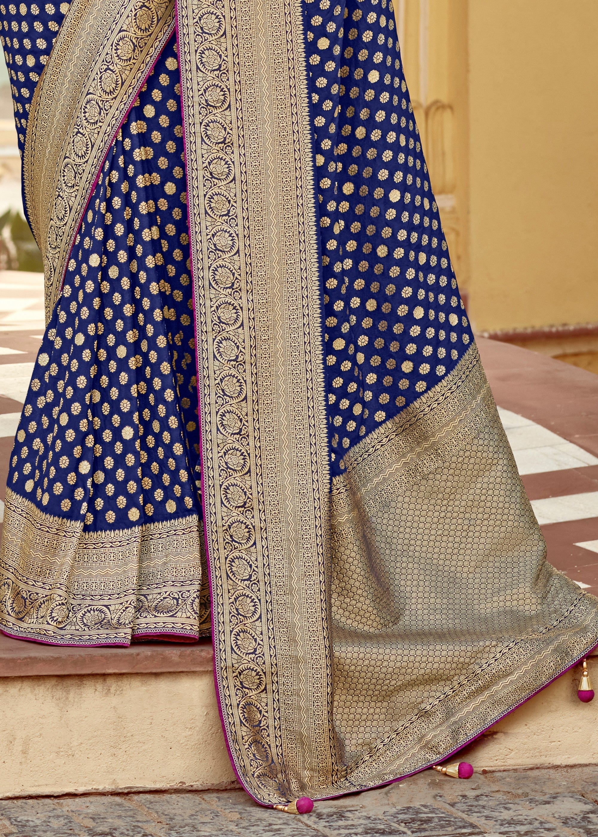 Navy Blue Dola Silk Saree Embellished With Weaving Work And Heavy Embroidered Blouse - qivii