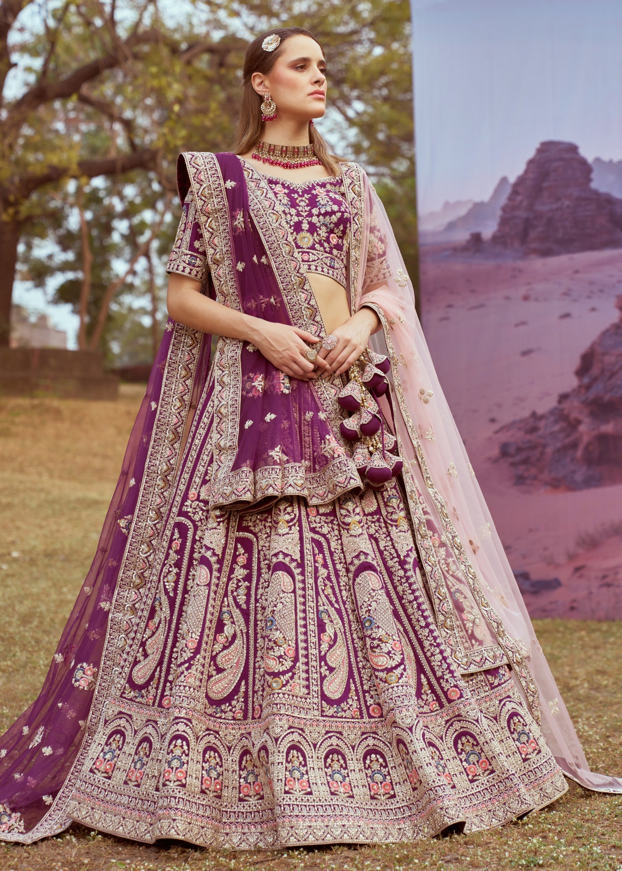 Purple Pure Silk Moti Coding Embroidery Bridal Lehenga | Ready To Wear - qivii