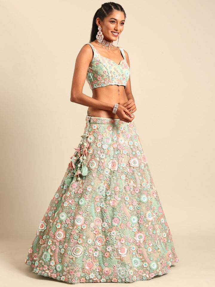 Rounded Embroiderey Multi-Sequins, Mirror and thread Embroidered Net Stitched Lehenga