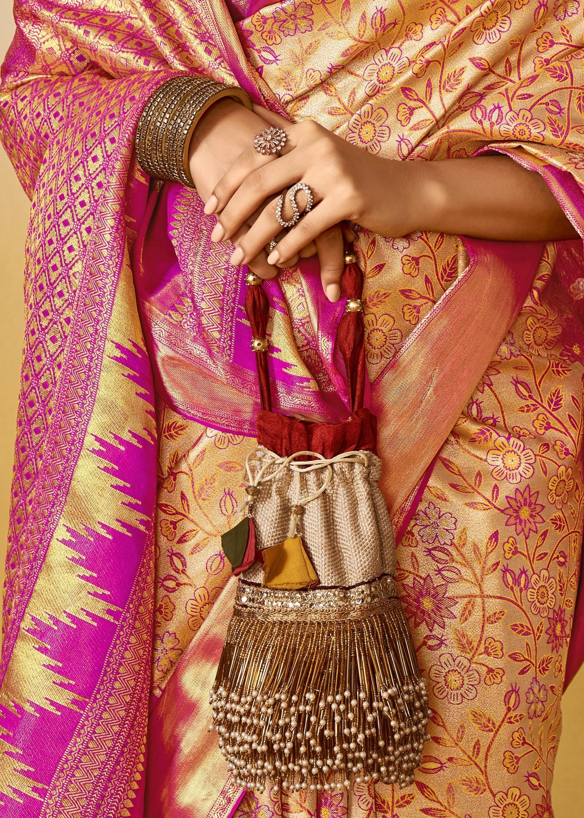 Yellow and Pink Handloom Dharamavaram Silk Saree - qivii