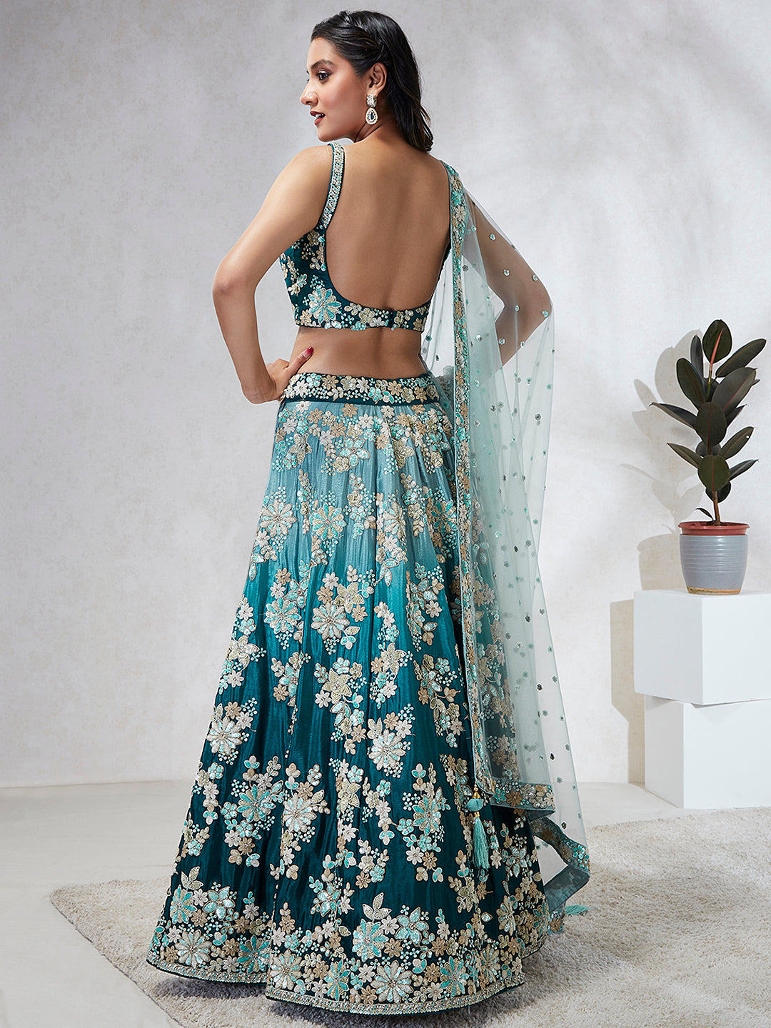 Shaded Teal Color Chiffon Double Color Sequin Embroidered Stitched Lehenga