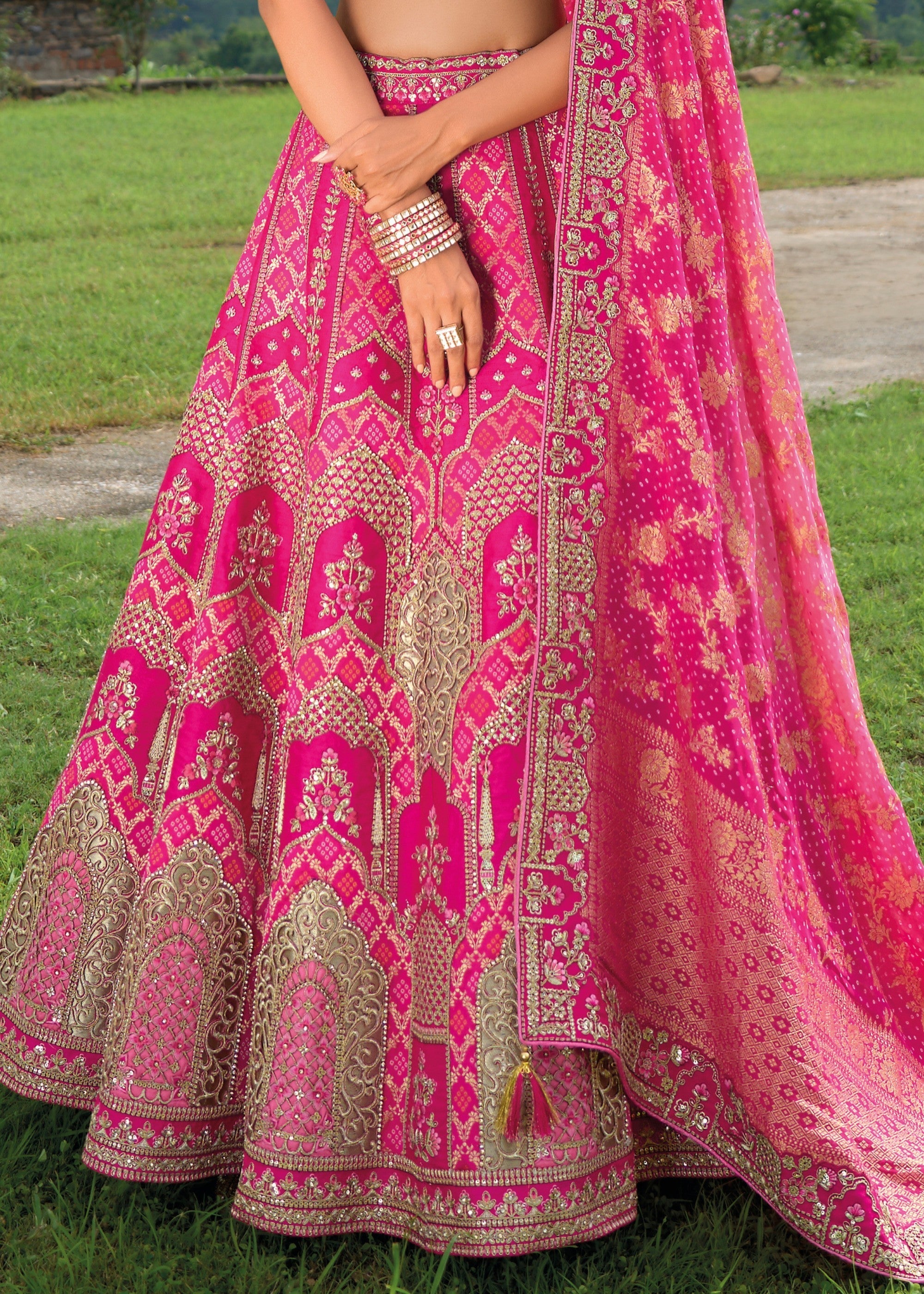 Rani Pink Banarasi Silk Lehenga With Heavy Embroidery Work - qivii