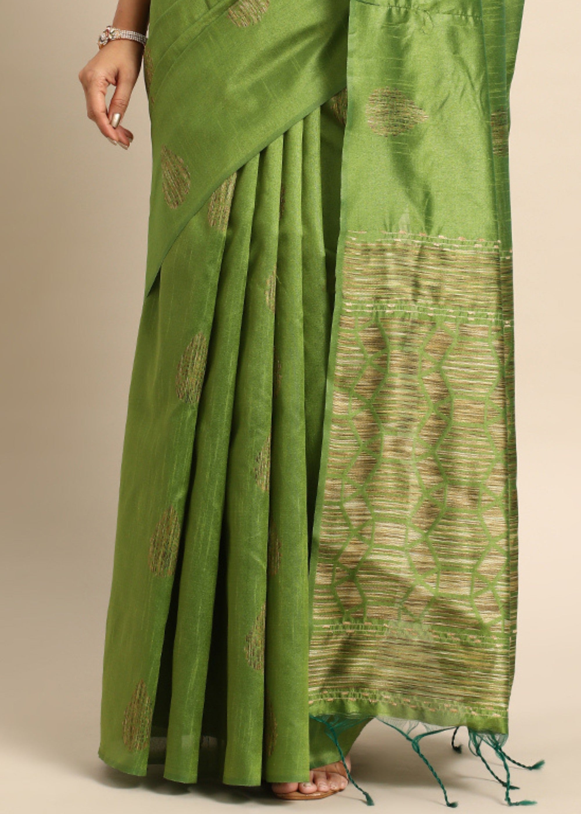 Waitrose Green Woven Handloom Raw Silk Saree - qivii
