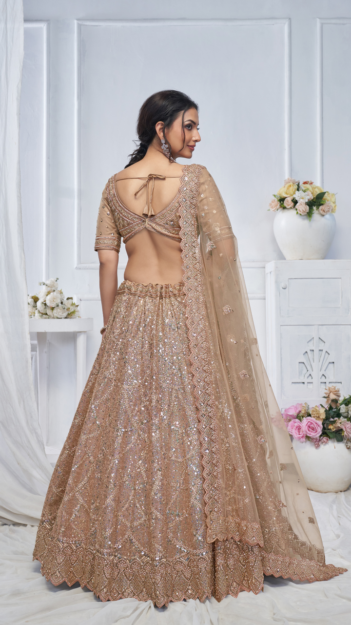 Alluring Brown Sequins Net Bridesmaid Lehenga Choli With Dupatta