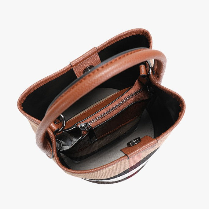 Women’s Regent Plaid Bucket Satchel — Heritage Check Full-Grain Leather Convertible with Detachable Pouch & Effortless Transition Carry