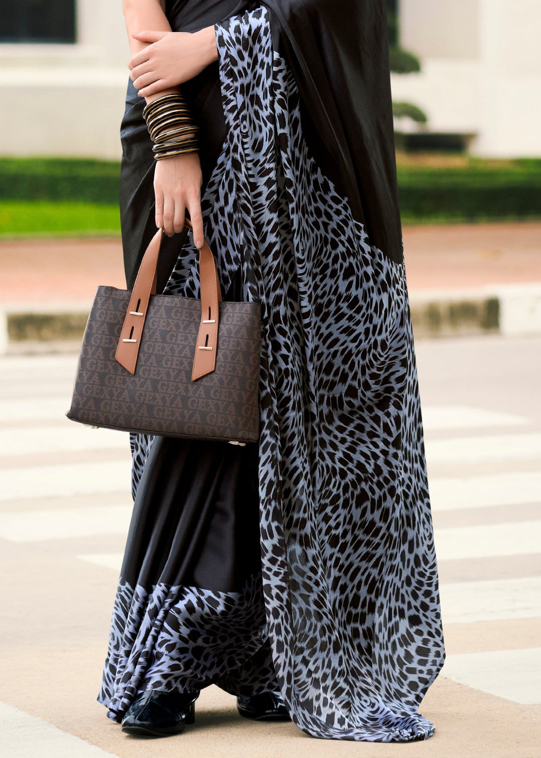 Black Printed Satin Silk Saree