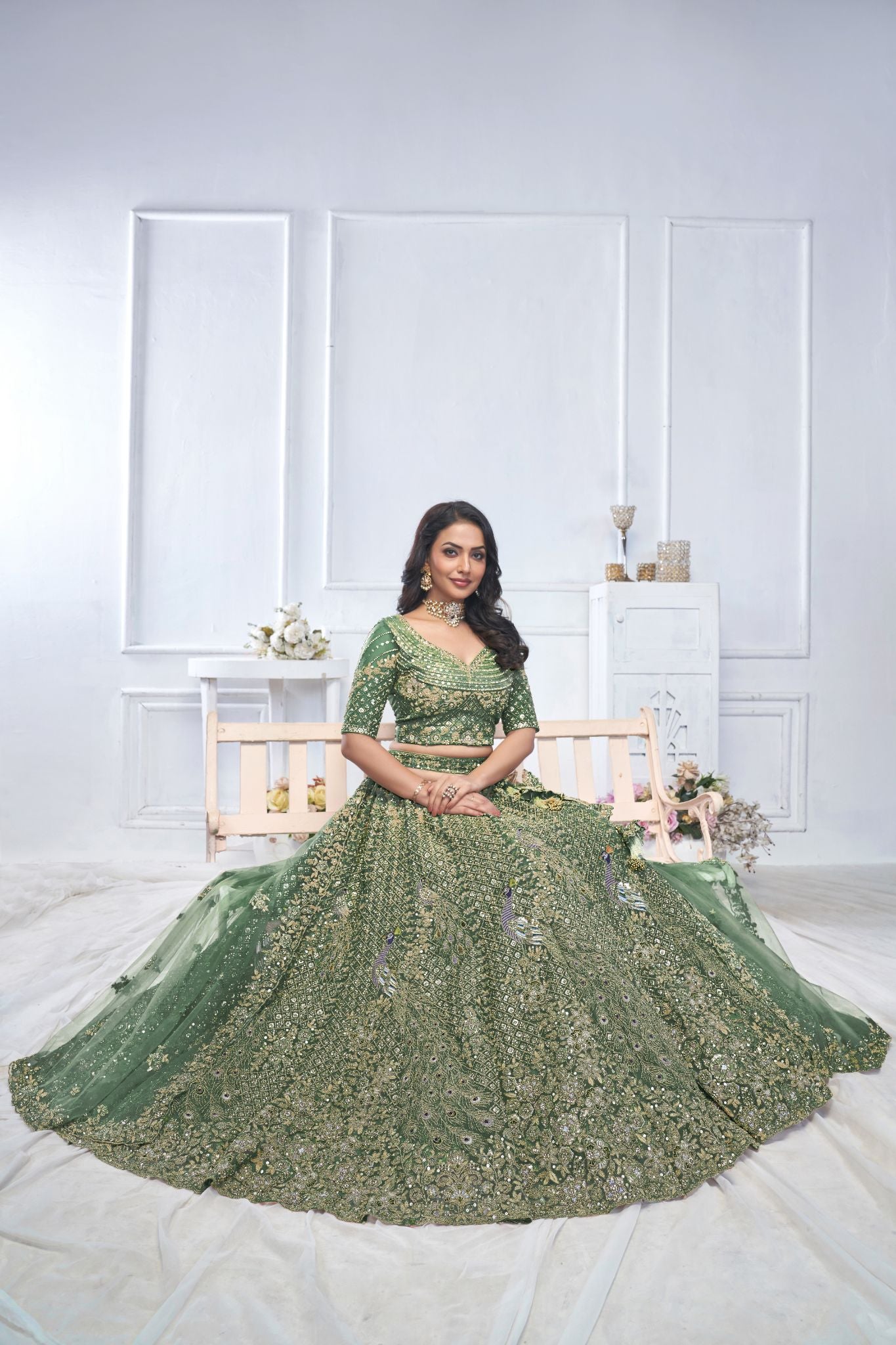 Graceful Green Bridal Wear Lehenga with Elegant Detailing - qivii