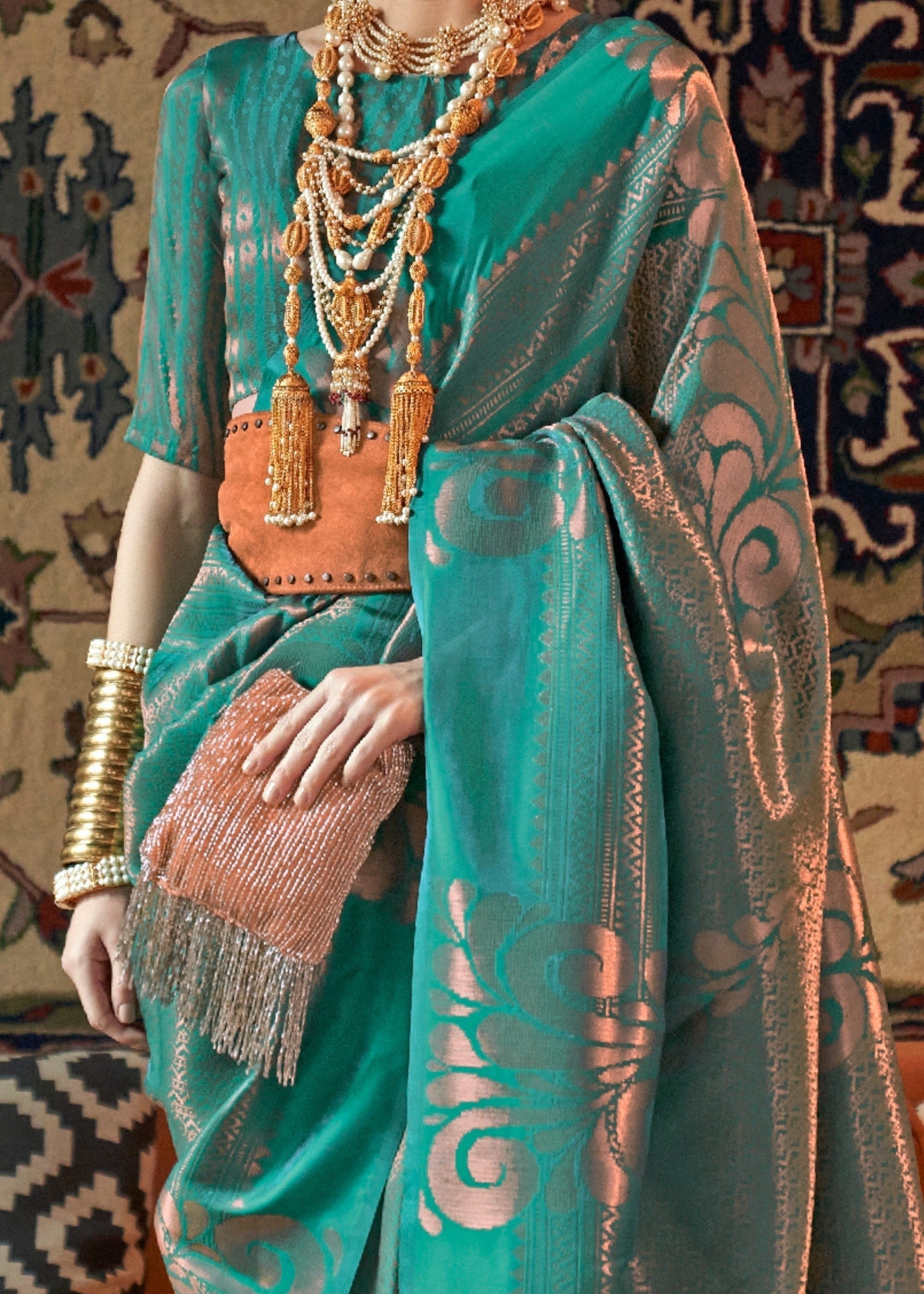 Turquoise Copper Zari Handloom Weaving Saree - qivii