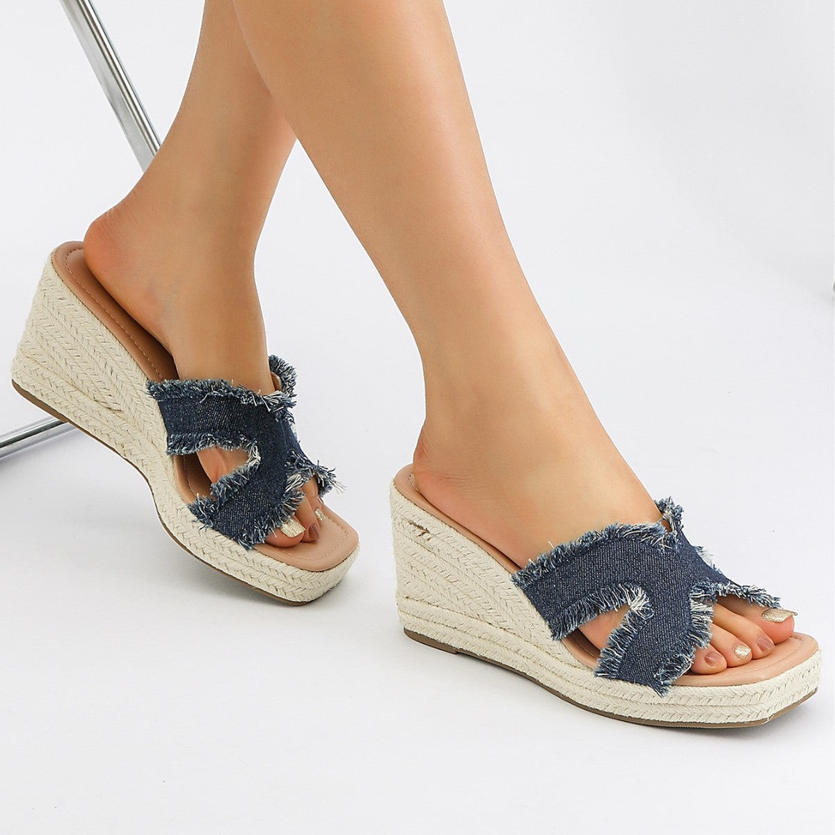 Women's Maren Frayed Denim Espadrille Wedge Slide Sandals - Coastal Platform Summer Shoes (US 4-10.5)