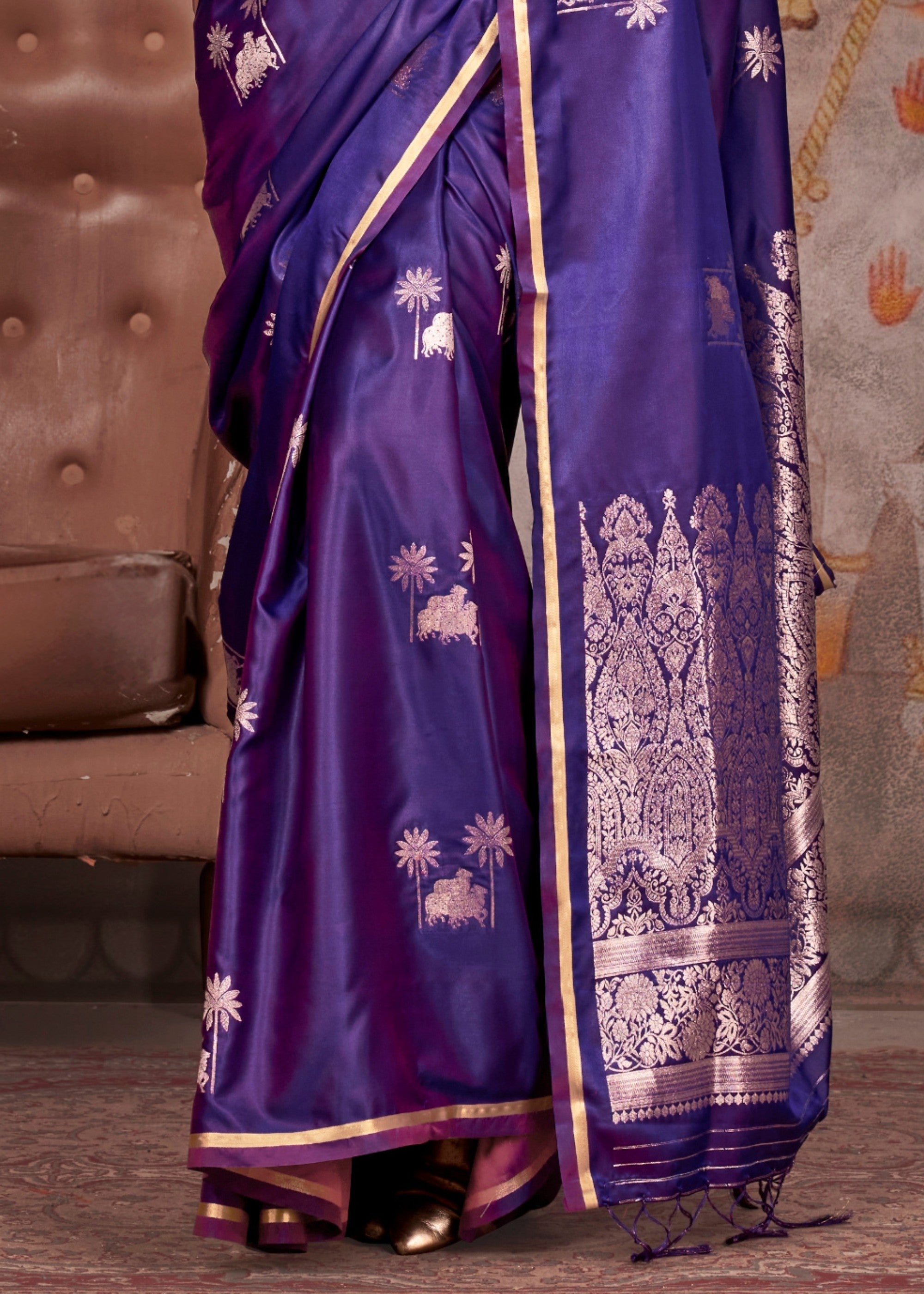 Purple Pure Satin Handloom Weaving Silk Saree - qivii