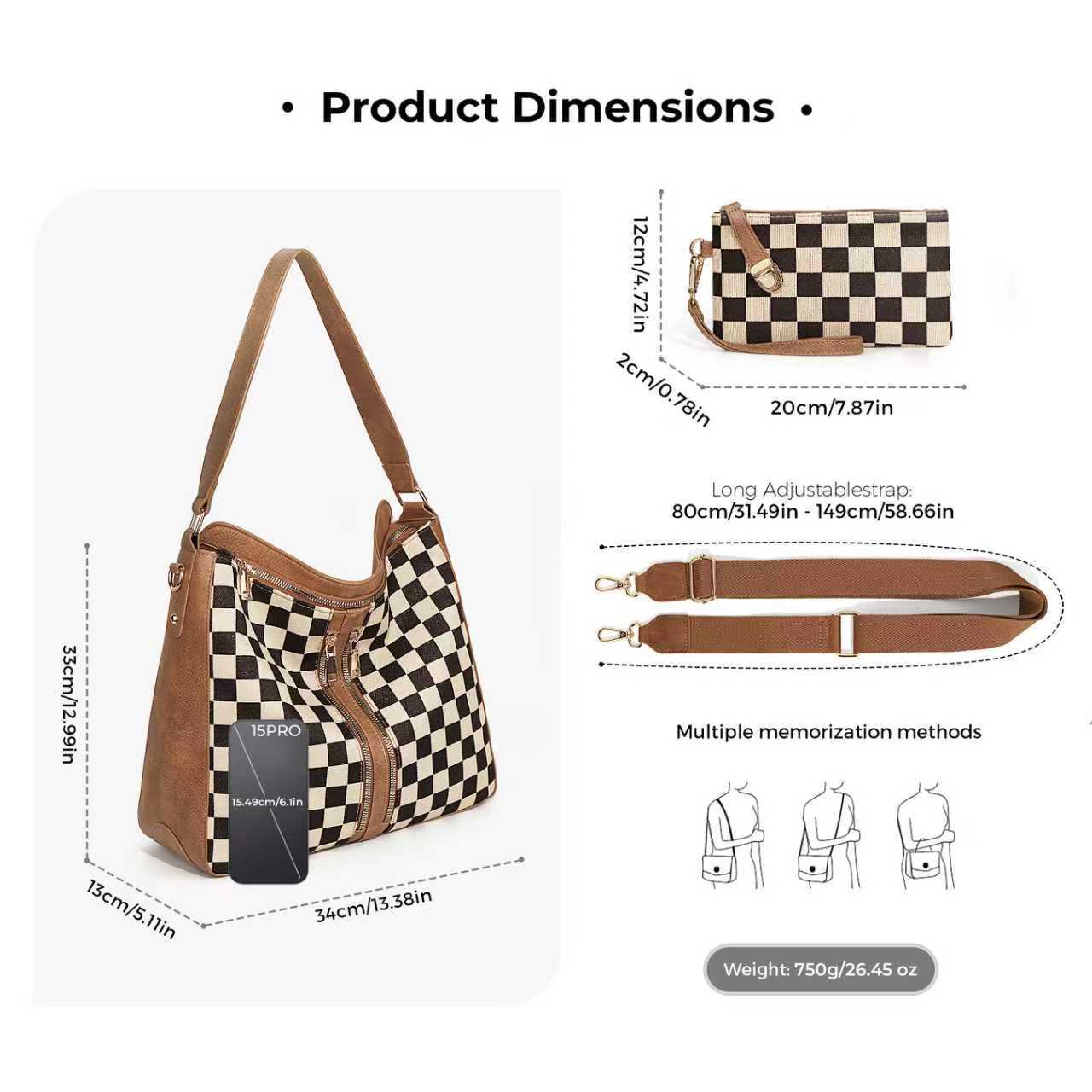 Ounamei Checkered Hobo Tote Bag with a Pouch for Women | PU Leather & Canvas Shoulder & Crossbody Handbag for Daily Use