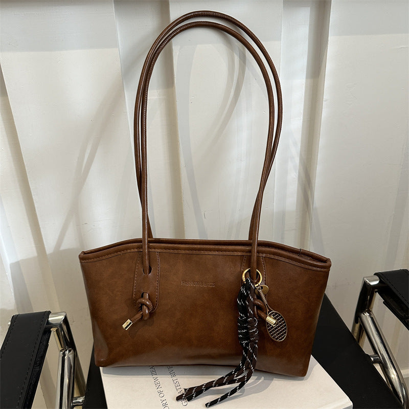 Women's Vintage-Chic Oversized Tote - Commuter-Ready Shoulder Bag w/ Detachable Accent Charms, Grain-Textured Vegan Leather