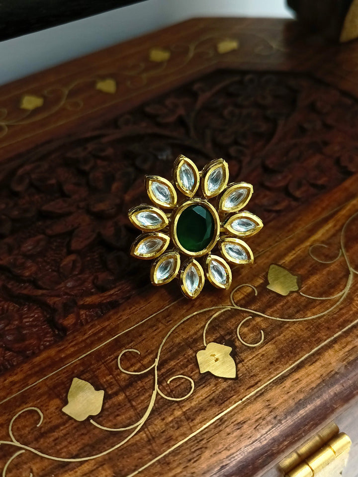  Elegant Jaspinder Green Kundan Finger Ring featuring traditional Indian craftsmanship