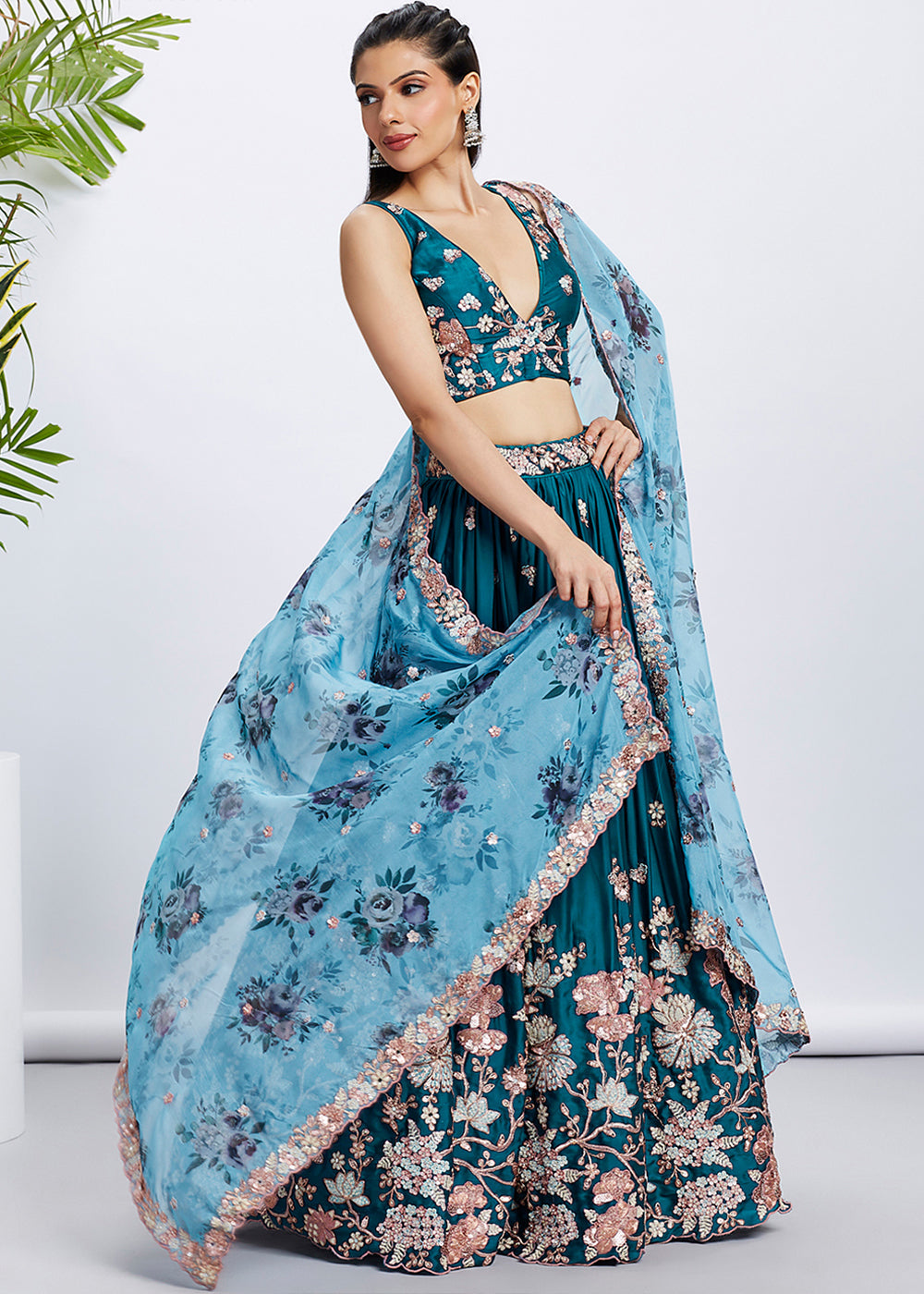 Teal Blue Georgette Lehenga Choli with Sequins & Thread Embroidery work | Ready To Wear - qivii
