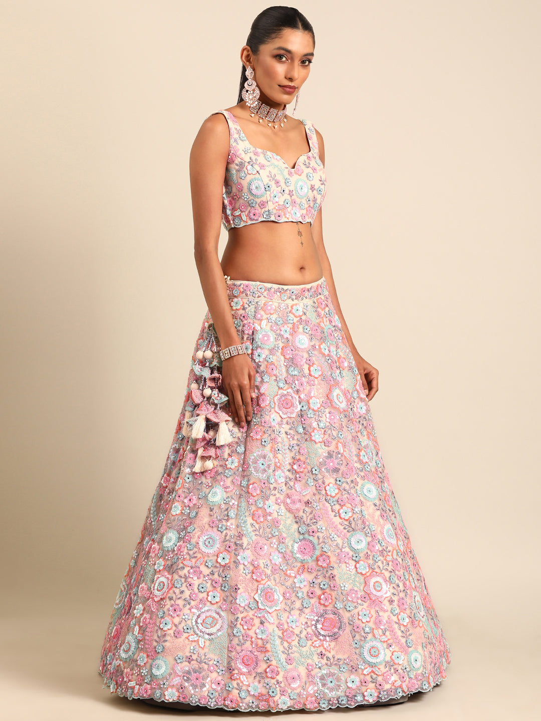 Rounded Embroiderey Multi-Sequins, Mirror and thread Embroidered Net Stitched Lehenga