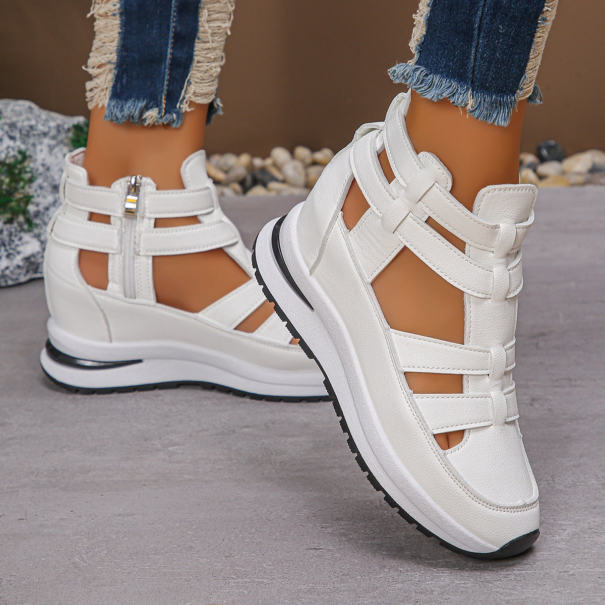 Women’s Plus Size Sporty Platform Sandals - Side Zipper Closed-Toe Sneaker Sandals with 7cm Height Boost