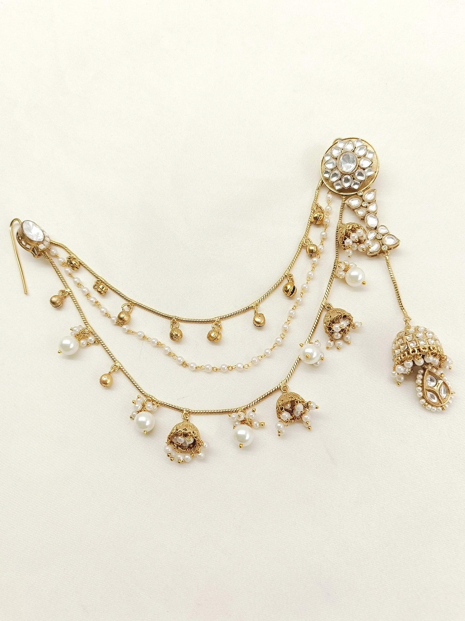Triguni White Kundan Jhumki With Ear Chain