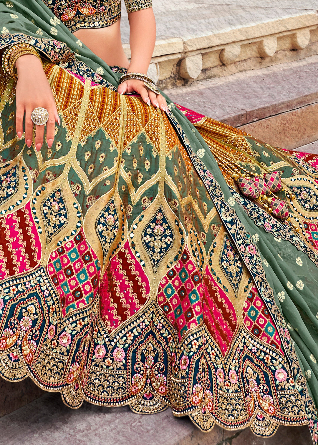 Pine Green & Blue Banarasi Silk Lehenga Choli with Zarkan, Sequence and Thread Work