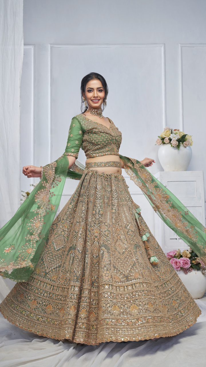 Royal Grandeur bridal  Green Mehendi Lehenga with Paisley and Peacock Motifs & Heavy Embroidery