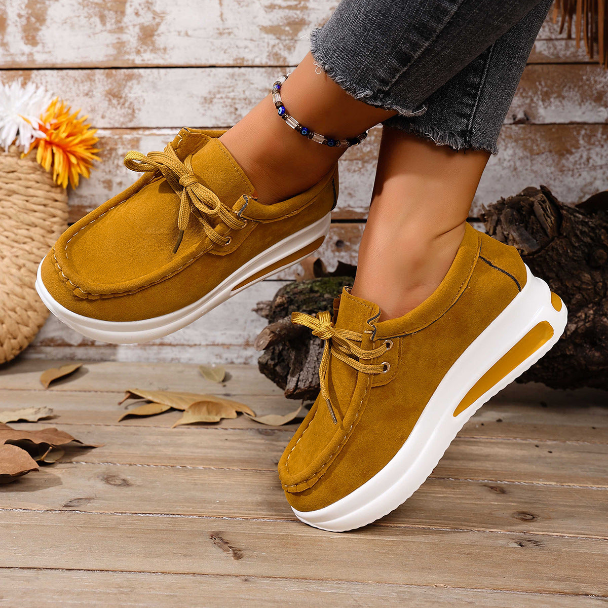Women's Chunky Sole Lace-Up Loafer - Casual Wedge Heel Shoes (US 5-10.5)
