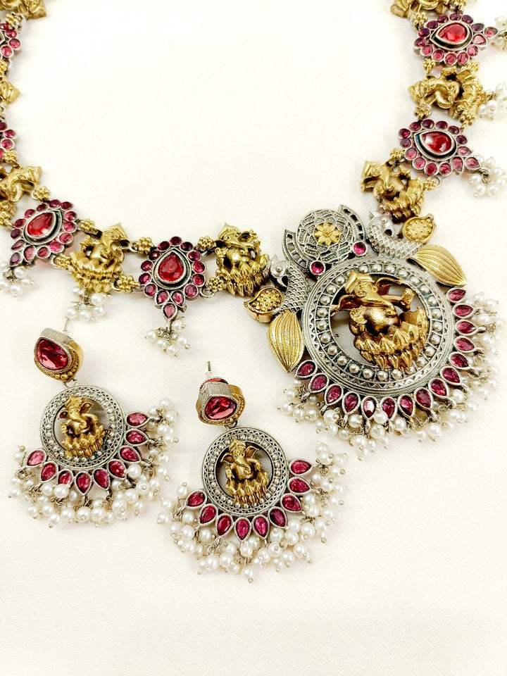 Anavya Ruby Ganesh Ji Oxidized Necklace Set