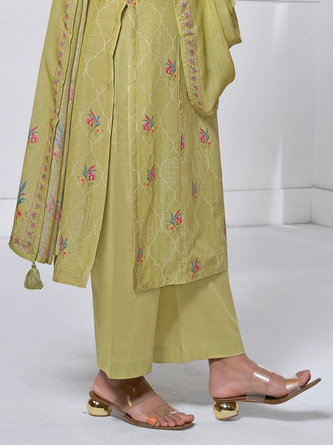 OLIVE PRINTED WITH LACE WORK STRAIGHT KURTA WITH DYED TROUSERS AND PRINTED DUPATTA