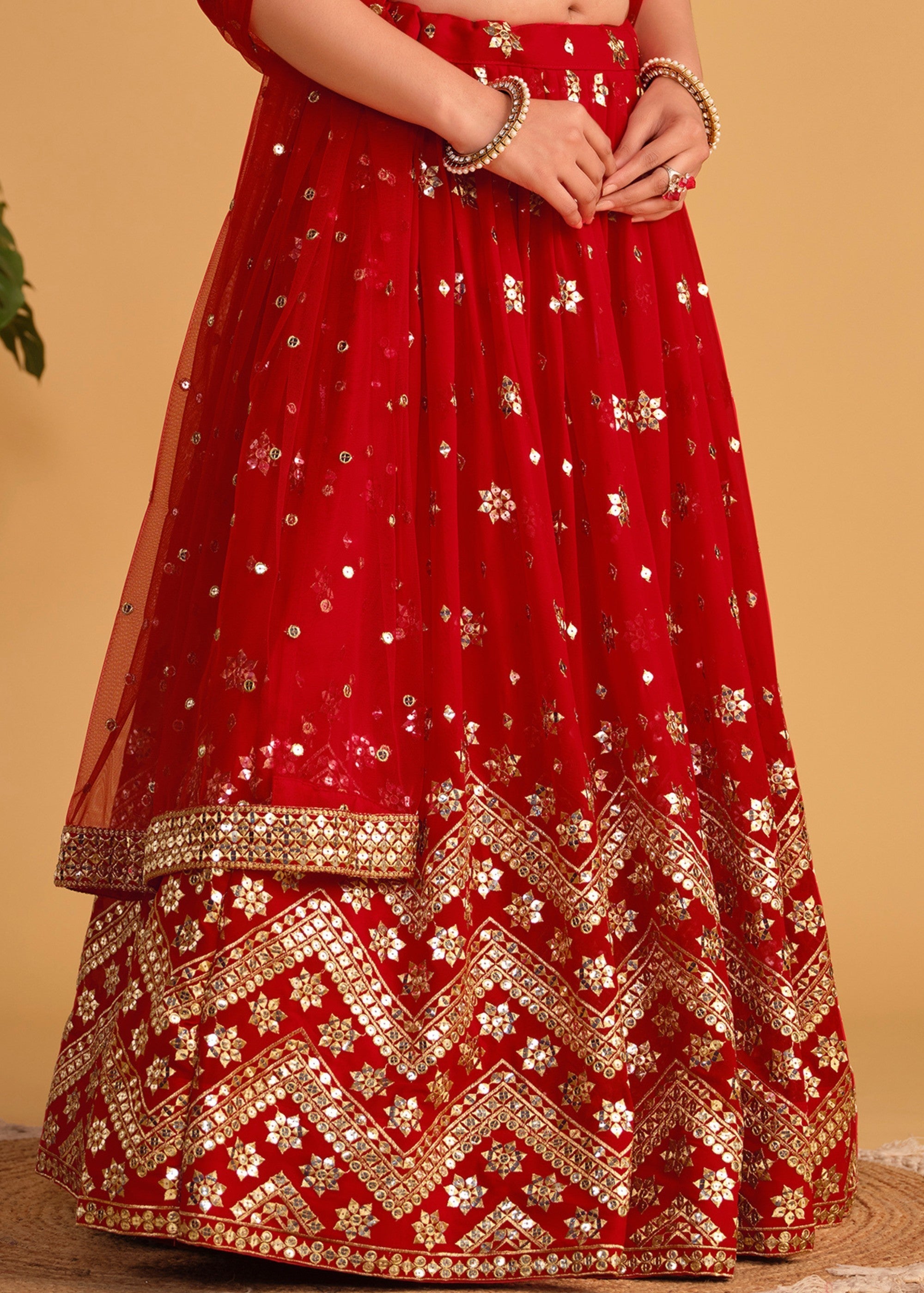 Scarlet Red Georgette Lehenga Choli With Sequins Zari Embroidered Work | Ready To Wear - qivii