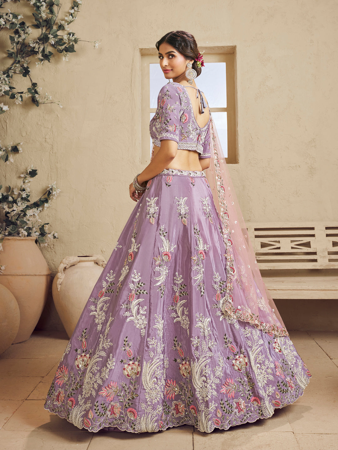 Lavender Color Satin Silk Fabric Sequins embroidery Lehenga choli & Dupatta - qivii