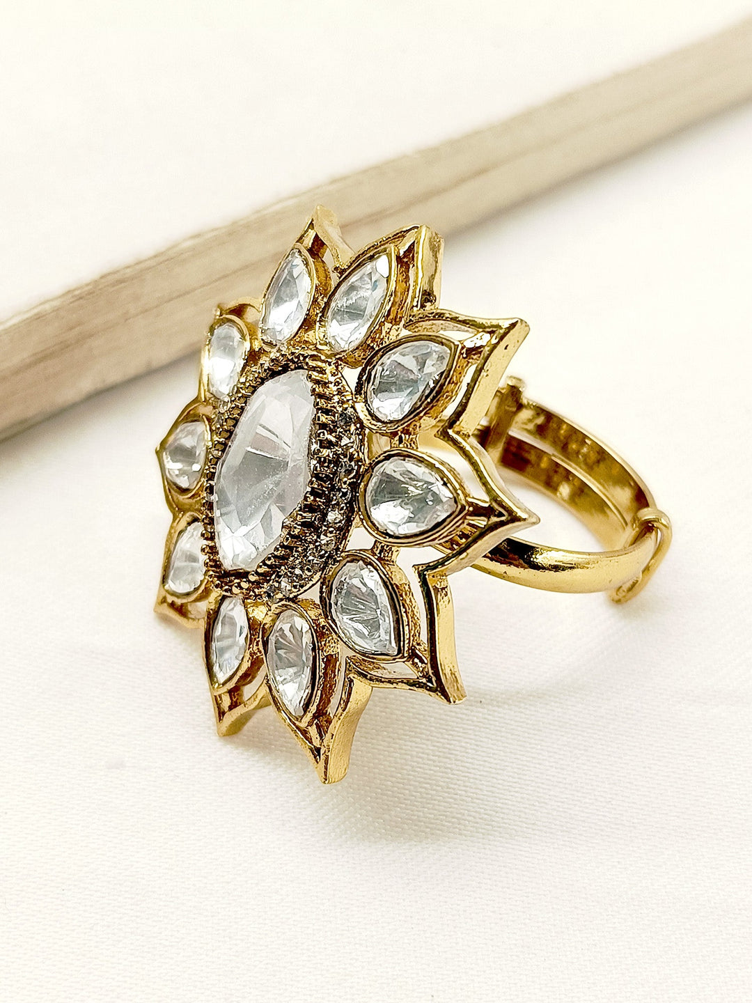 Elegant and Timeless Lavni White Kundan Finger Ring for a Stunning Look