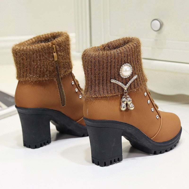 Women's Glam Knit-Cuff Boots - Rhinestone Decor Side Zip Block Heel Dress Boots (US 5-10)