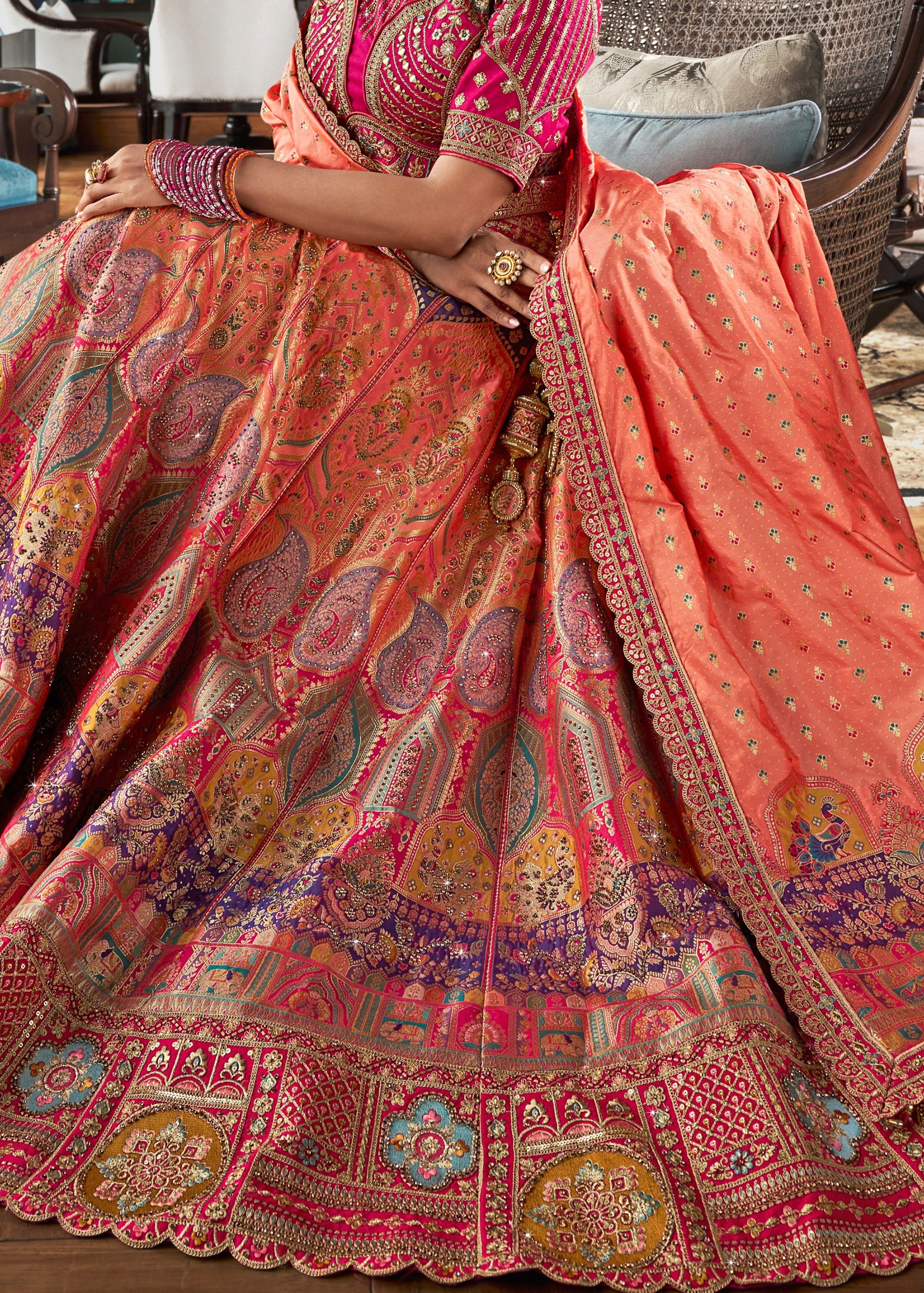 Coral Pink Banarasi Silk Lehenga with Zarkan Codding work | Ready To Wear - qivii
