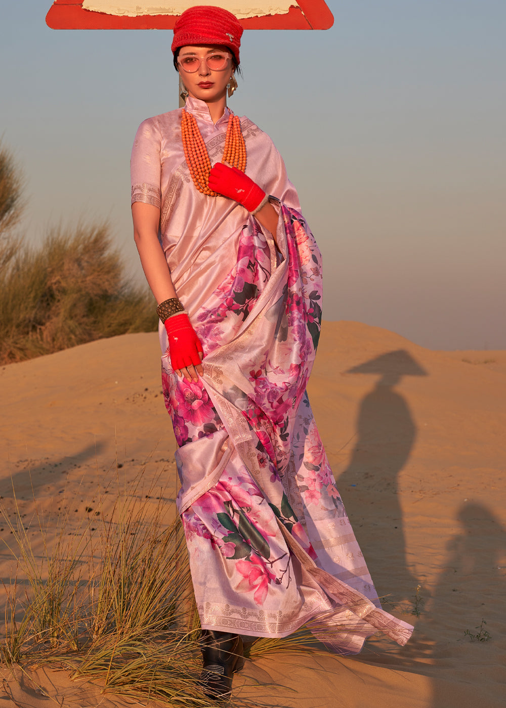 Floral Pink Woven Tussar Silk Saree