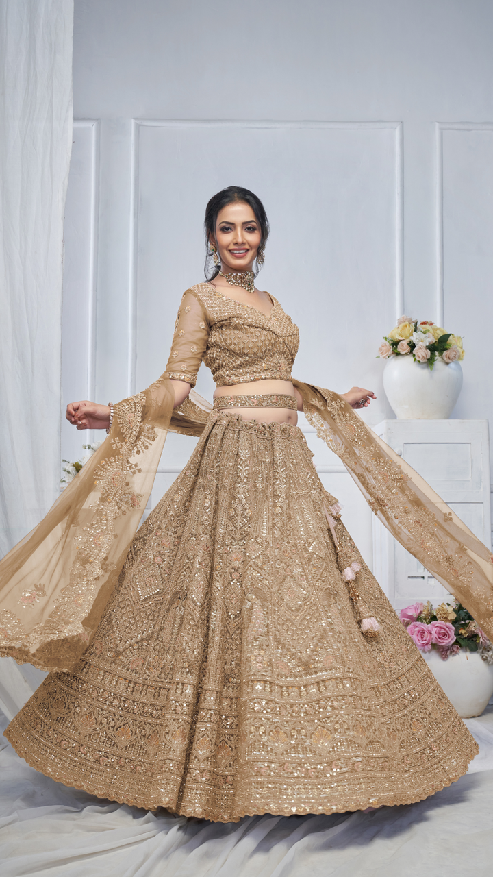 Royal Grandeur bridal Brown Lehenga with Paisley and Peacock Motifs & Heavy Embroidery