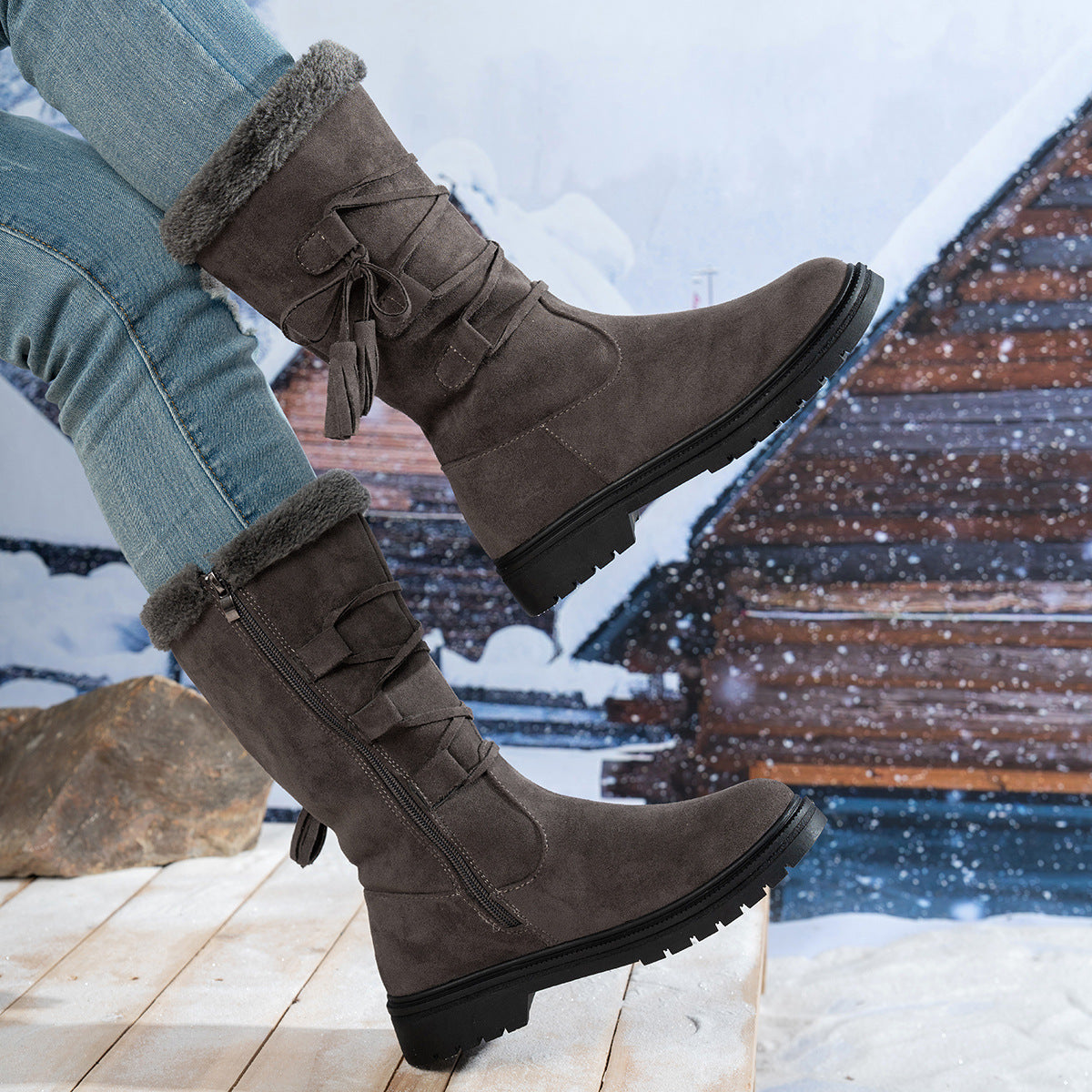 Women's Marlowe Fleece-Lined Mid-Calf Snow Boots - Lace-Up Winter Boots with Side Zip & Faux Fur Trim (US 5-10.5)