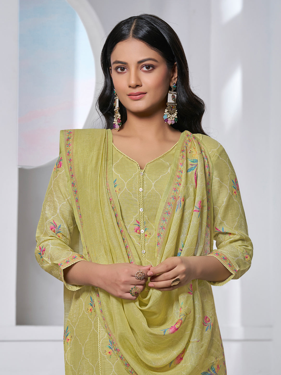 OLIVE PRINTED WITH LACE WORK STRAIGHT KURTA WITH DYED TROUSERS AND PRINTED DUPATTA