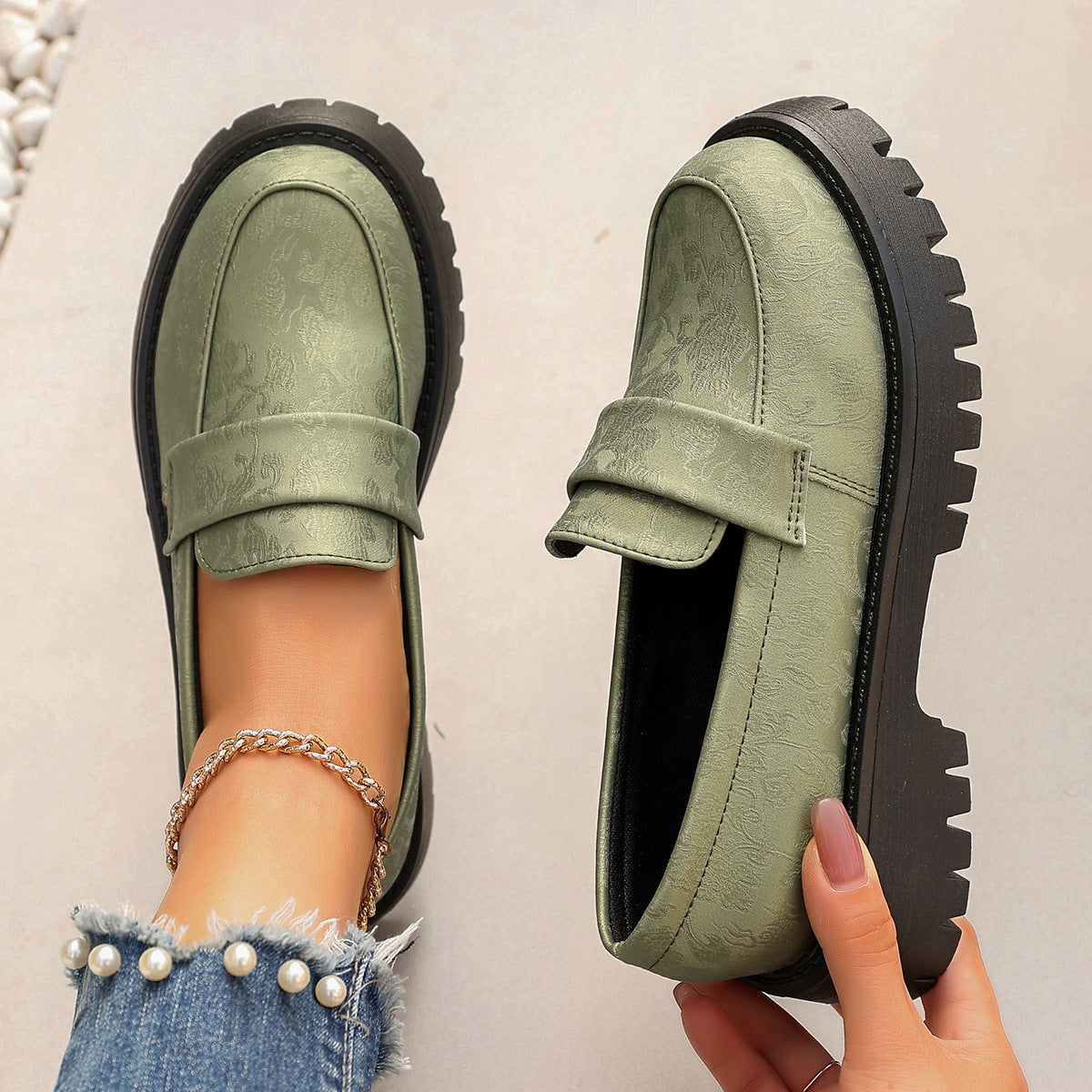 Women's Plus Size Premium Printed Platform Leather Loafers Casual Slip-On with Chunky Heel