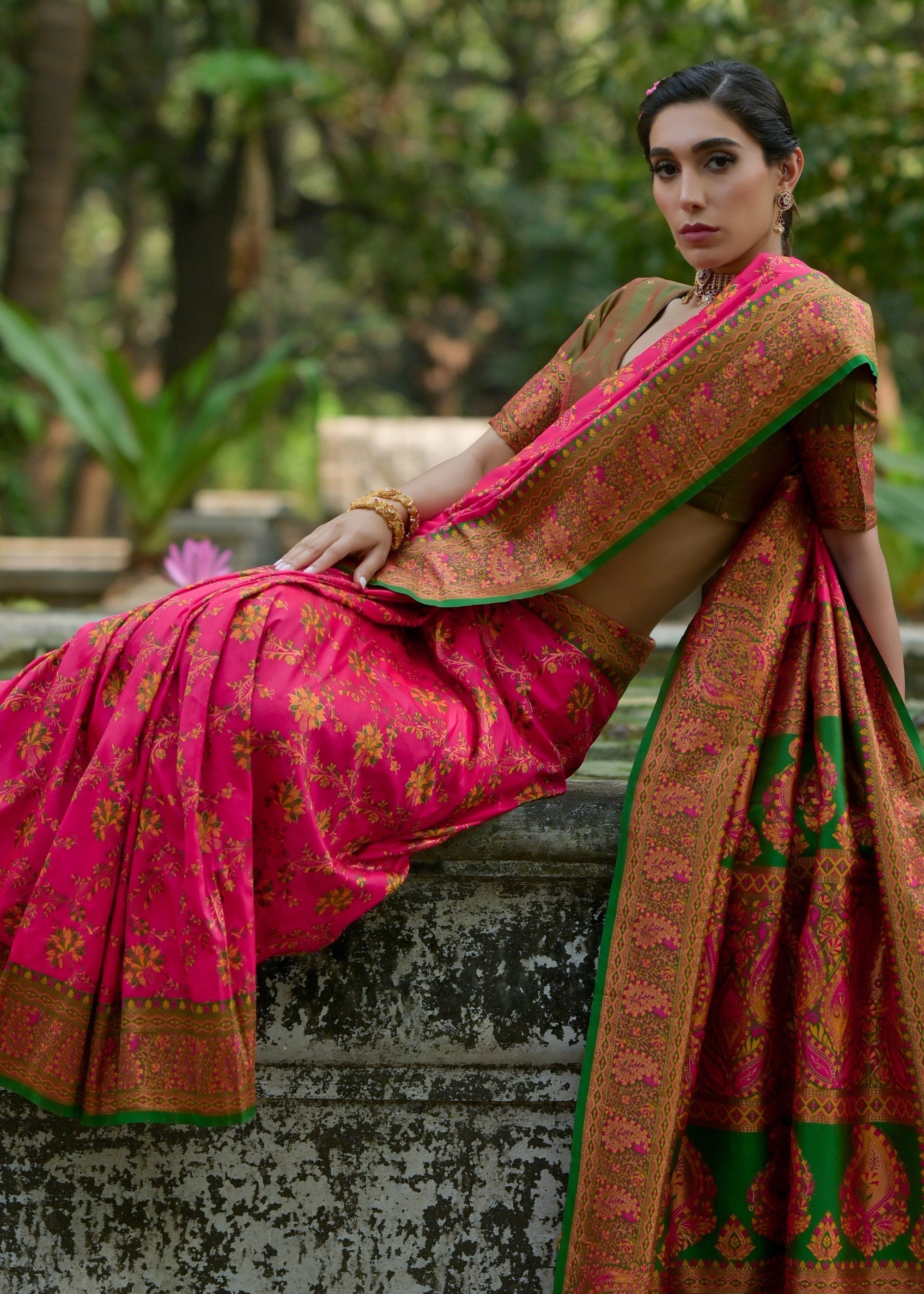 French Pink Thread Woven Pashmina Silk Saree With Heavy Thread Woven Pallu - qivii