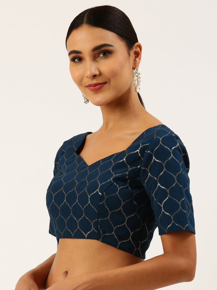 Navy Blue-Toned Sequins work Pure Georgette Readymade Blouse