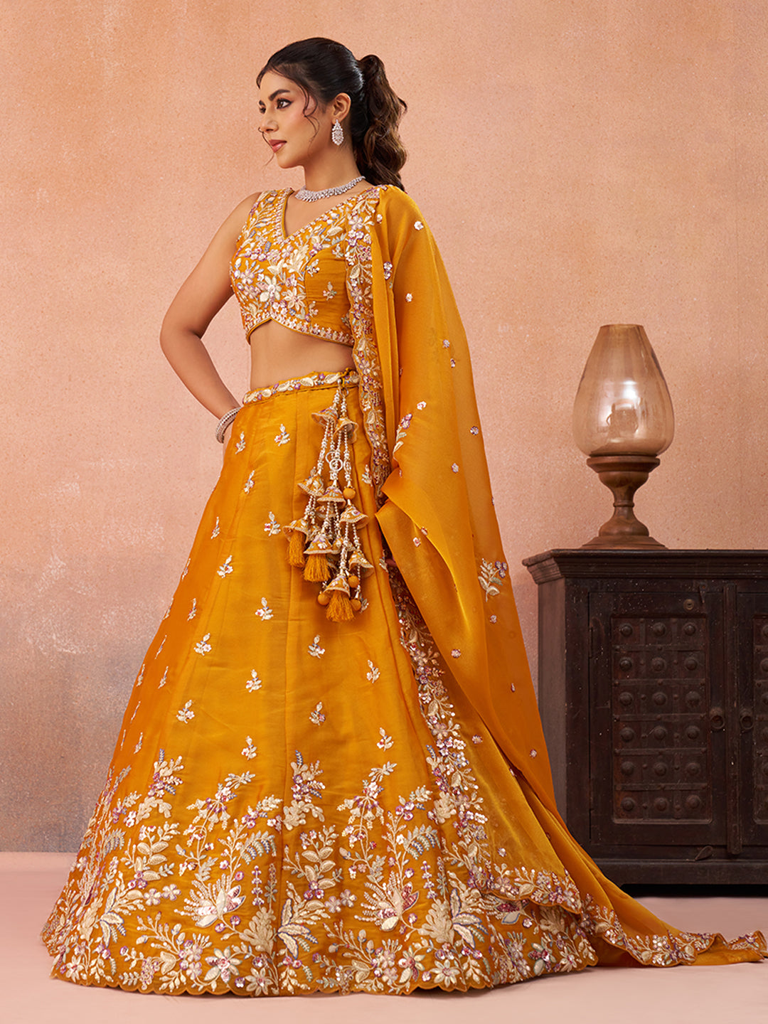 Mustard Tissue Sequined with Zari Embroidered Lehenga Set
