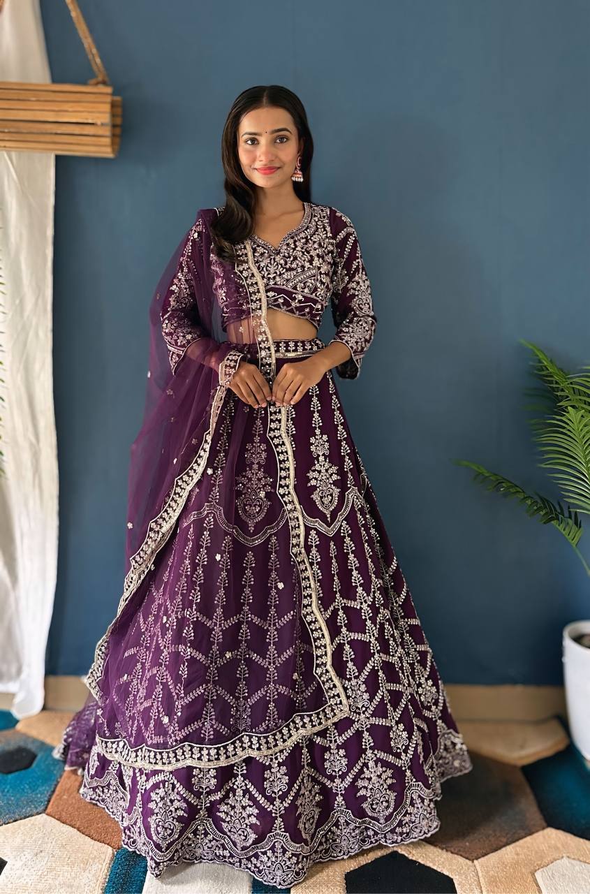 PURPLE FAUX GEORGEET WITH EMBROIDERY SEQUENCE DESIGN WORK LEHENGA - INSPIRED | Ready To Wear - qivii