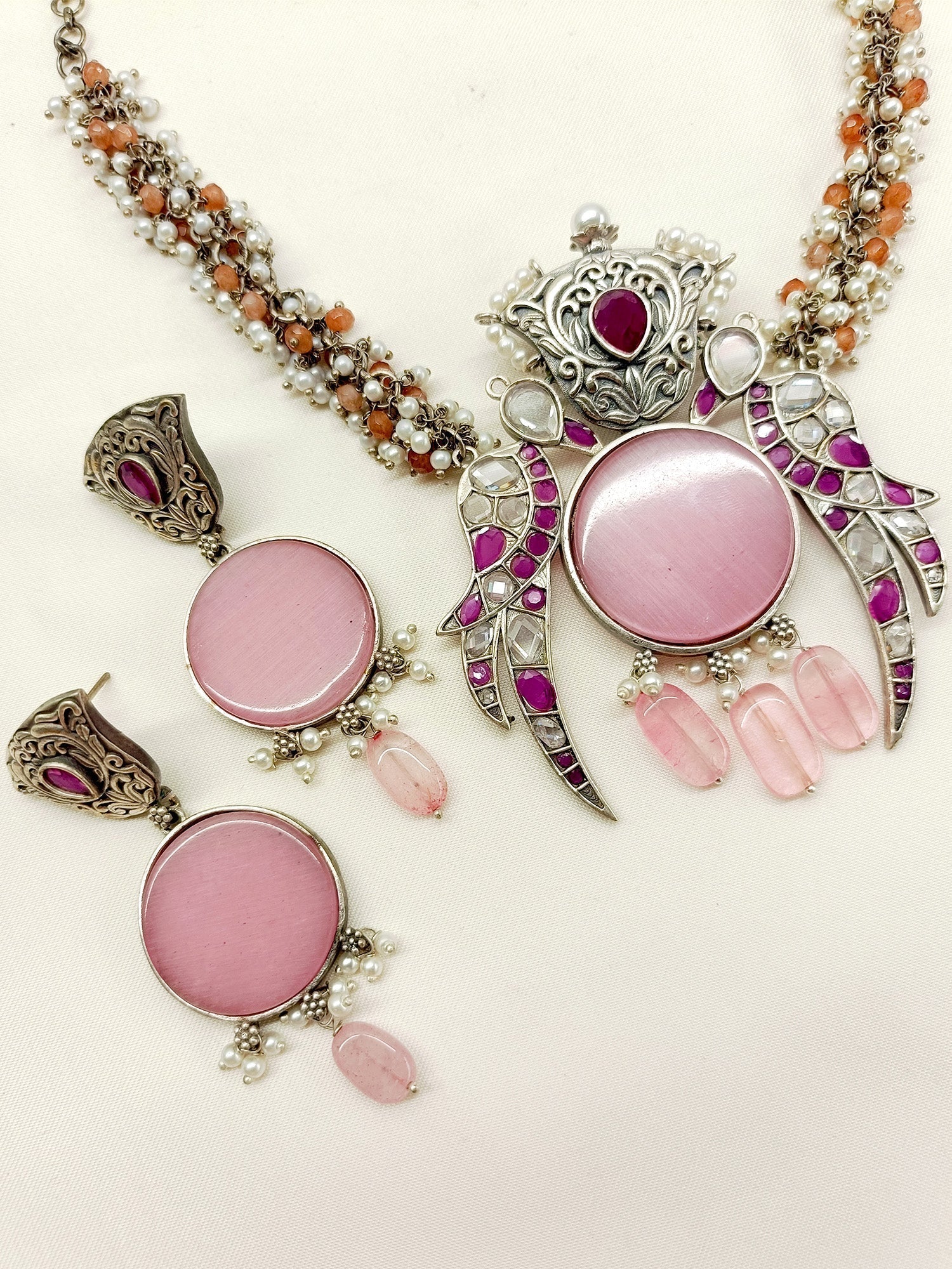 Visha Baby Pink Oxidized Pendant Set - qivii